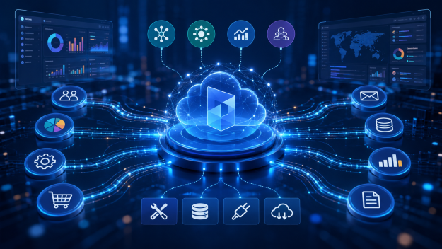 Futuristic Dynamics 365 integrations hub connecting CRM, ERP, email, databases, analytics, and cloud systems with KingswaySoft 26.2 tools.