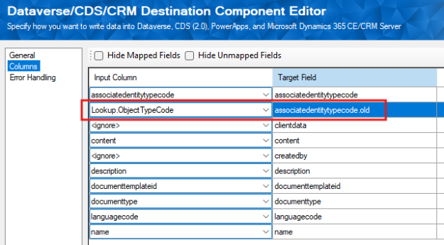 Screenshot showing how the associatedentitytypecode.old field corresponds to the Lookup.ObjectTypeCode field, making it possible to migrate the Dynamics 365 Dataverse Document Template correctly.