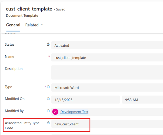 Screenshot of the Document Template screen, showing how the entity was associated correctly.