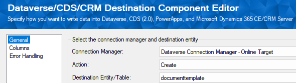 Screenshot highlighting the correct settings for the Dynamics 365 Dataverse destination component.